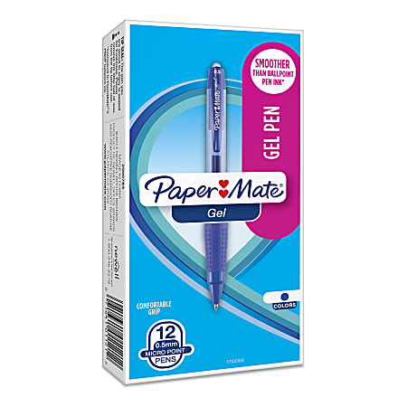 Paper Mate® Retractable Gel Pens, Fine Point, 0.5 mm, Blue Barrel, Blue Ink, Pack Of 12