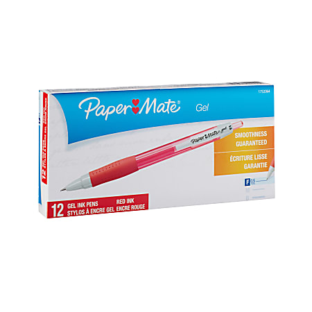 Paper Mate® Retractable Gel Pens, Fine Point, 0.5 mm, Red Barrel, Red Ink, Pack Of 12