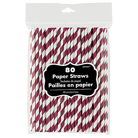 Amscan Striped Paper Straws, 7-3/4", Berry, Pack Of 80 Straws