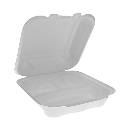 Pactiv Evergreen EarthChoice® Bagasse Hinged Lid Containers, 2-13/16”H x 7-13/16”W x 7-13/16”D, Natural, Case Of 150 Containers