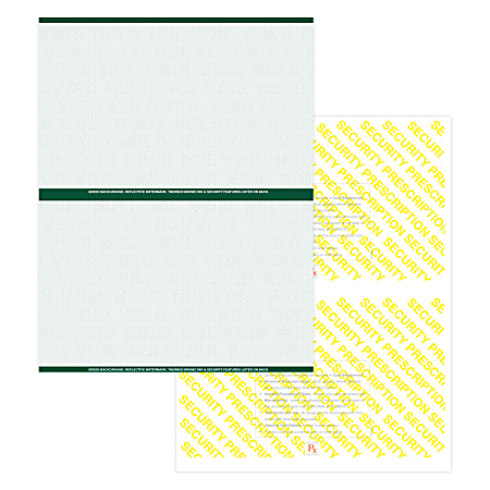 High Security Medicaid Compliant Laser RX Prescription Paper Stock – 2 Up On 8.5" x 11" Perforated Sheet, Green, Pack Of 2,500 Sheets