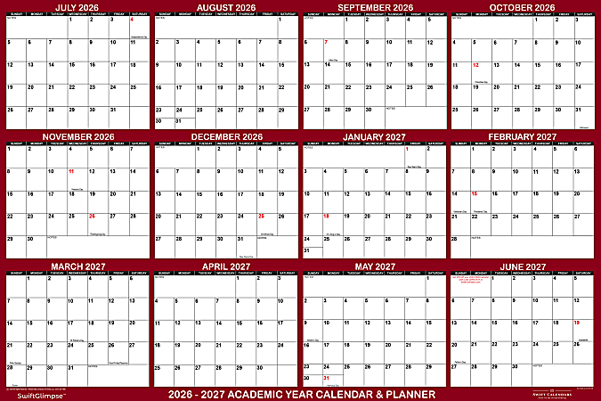 2026-2027 SwiftGlimpse Academic Monthly Wall Calendar, 32” x 48", Maroon/White, July To June, Total Qty 1