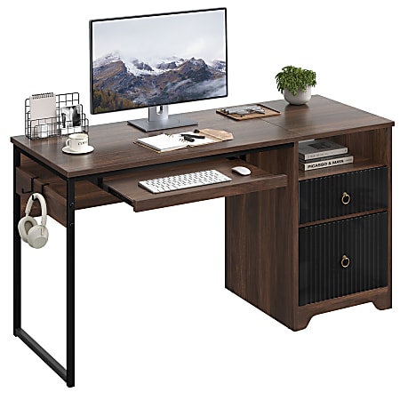 Bestier 56"W Writing Computer Desk With Storage And Keyboard Tray, Walnut