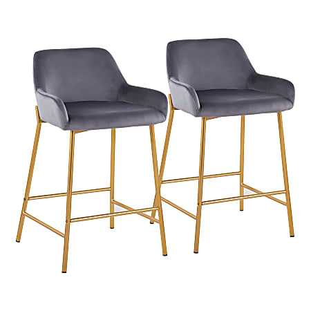 LumiSource Daniella Counter Stools, 33" Fixed Height, Velvet, Silver/Gold, Set Of 2 Stools