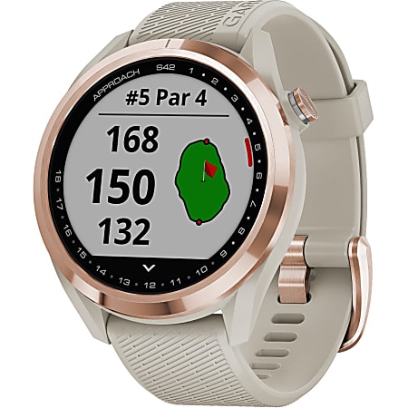 Garmin Approach S42 Smart Watch Rose Gold Light Sand Band Metal Glass Bezel Lens Silicone Band Biking Cycling Indoor Running Weather Golf Tracking Smartphone Water Resistant 164.04 ft Water Resistant ...