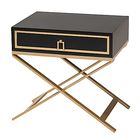 Baxton Studio Lilibet Modern Glam Wood And Metal 1-Drawer End Table, 19-3/4”H x 19-3/4”W x 15-3/4”D, Black/Gold
