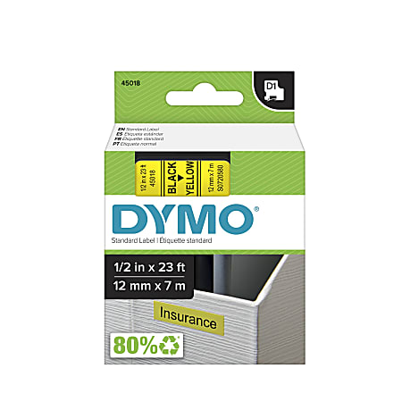 DYMO® D1 45018 Black-On-Yellow Tape, 0.5" x 23'