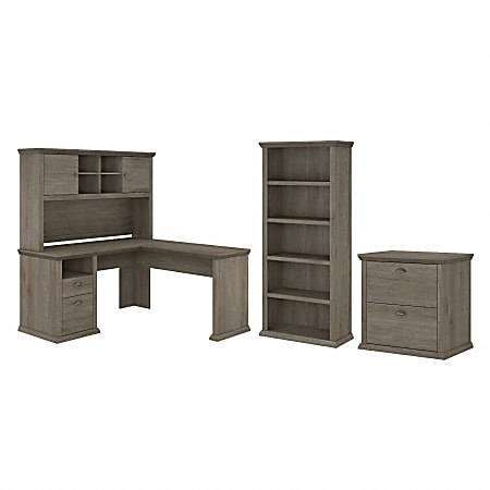 Bush Furniture Yorktown 60"W L-Shaped Desk With Hutch, Lateral File Cabinet And 5-Shelf Bookcase, Restored Gray, Standard Delivery