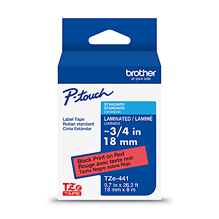 Brother P-Touch TZe441, Laminated, ~3/4in x 26.2ft (18mm x 8m), Black on Red Label Tape