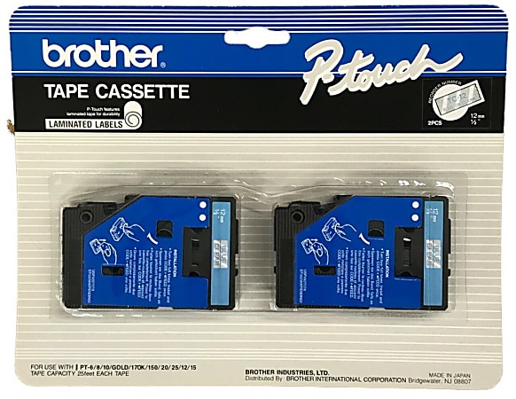 Brother® TC-12 Blue-On-Clear Tapes, 0.5" x 25', Pack Of 2