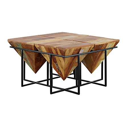 Coast to Coast Scarlett Mid-Century Reclaimed Wood and Iron Square Pyramid Cocktail Table, 19”H x 34"W x 34"D, Trippton Multi