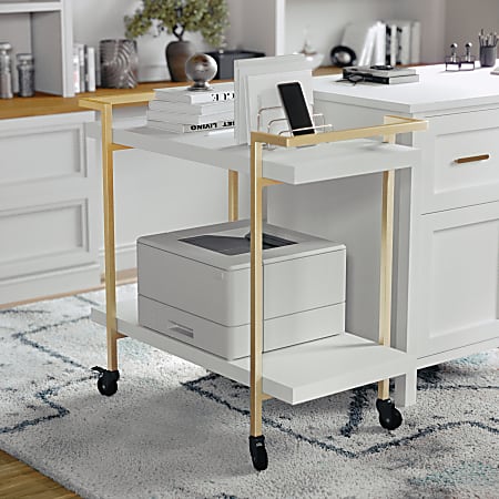 Martha Stewart Liam 2-Tier Office Storage And Printer Cart, White/Polished Brass