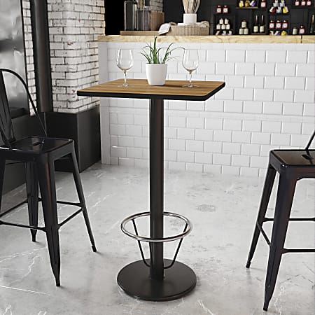 Flash Furniture Square Laminate Table Top With Round Bar Height Table Base And Foot Ring, 43-3/16”H x 24”W x 24”D, Walnut