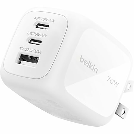 Belkin 70W GaN 3-Port USB Wall Charger - 1xUSB-A, 2xUSB-C - Foldable Prongs - Power Adapter - White - 70 W - United States