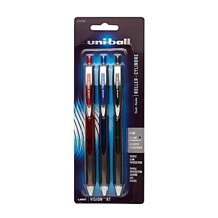 uni-ball® Vision™ Liquid Ink Rollerball Pens, Fine Point, 0.6 mm, Gray Barrel, Assorted Ink Colors, Pack Of 3 Pens