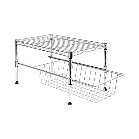 Honey Can Do Steel Cabinet Organizer With Adjustable Shelf And Pull-Out Basket, 10-1/4"H x 11-3/4"W x 17-3/4"D, Chrome