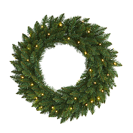 Nearly Natural 24”H Pine Artificial Christmas Wreath With 35 LED Lights, 24” x 5”, Green