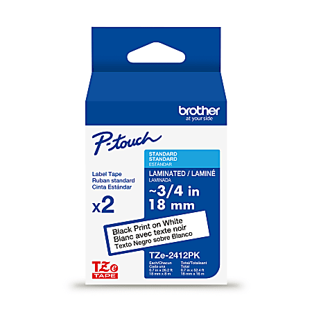 Brother P-touch TZe2412PK, Laminated, ~0.7 in x 26.2 ft (18mm x 8m), Black on White Label Tape, 2 pack