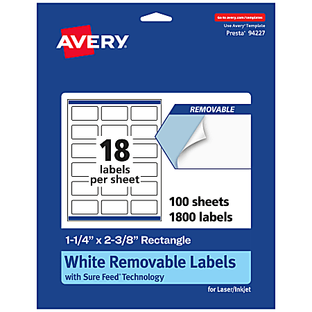 Avery® Removable Labels With Sure Feed®, 94227-RMP100, Rectangle, 1-1/4" x 2-3/8", White, Pack Of 1,800 Labels