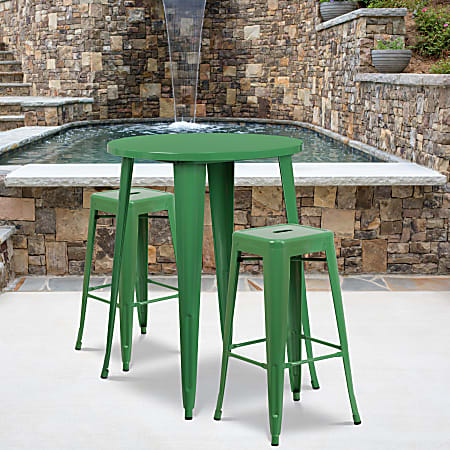 Flash Furniture Commercial-Grade Round Metal Indoor-Outdoor Bar Table Set With 2 Square-Seat Backless Stools, 41"H x 30"W x 30"D, Green