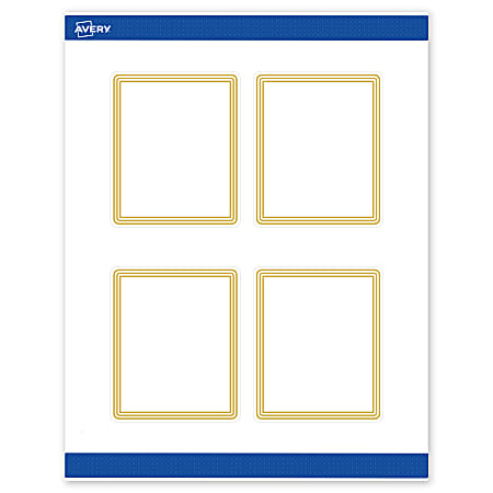 Avery® Print-To-The-Edge Labels With Sure Feed® Technology, S00-DHG-PRWMP10, Rectangle, 4" x 3-1/3", Matte White, Preprinted Multi-Lined Gold Border Design, Pack Of 40