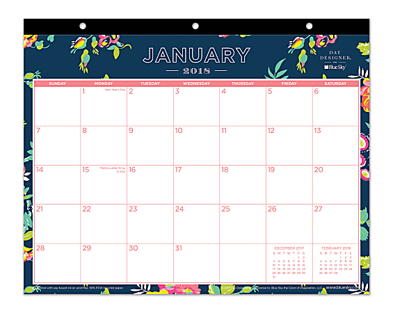 Day Designer For Blue Sky™ Monthly Tablet Calendar, 11" x 8 3/4", 50% Recycled, Peyton Navy, January To December 2018 (103630)