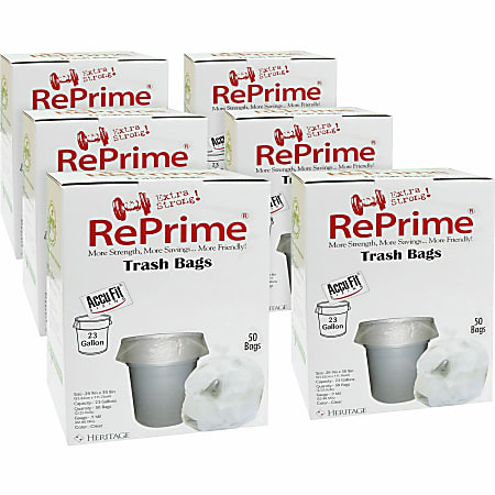 Heritage Accufit RePrime Trash Bags - 23 gal Capacity - 28" Width x 45" Length - 0.90 mil (23 Micron) Thickness - Low Density - Clear - Linear Low-Density Polyethylene (LLDPE) - 6/Carton - 50 Per Box - Waste Disposal, Garbage