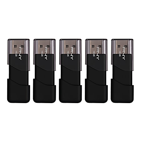 PNY Attaché 3 USB 2.0 Flash Drives, 16GB, Black, Pack of 5 Flash Drives