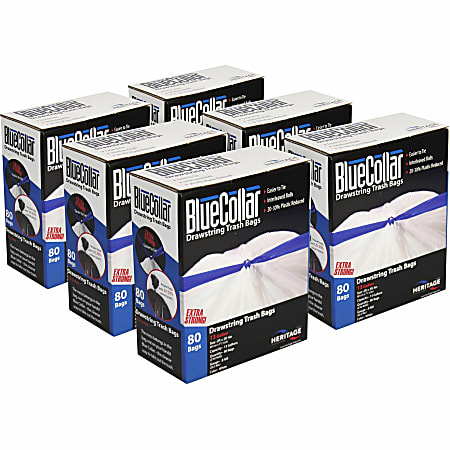 BlueCollar 13-gallon Drawstring Trash Bags - 13 gal Capacity - 24" Width x 28" Length - 0.80 mil (20 Micron) Thickness - Drawstring Closure - White - 6/Carton - 80 Per Box - Garbage