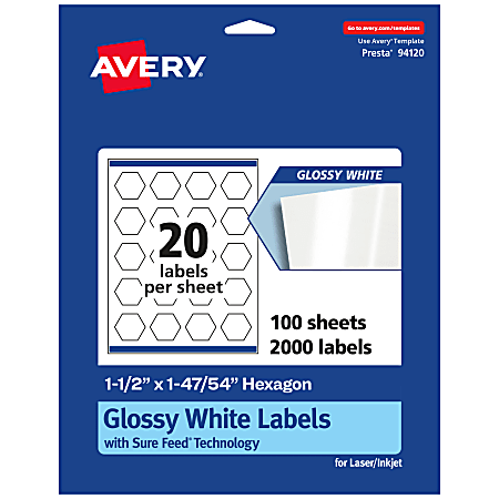 Avery® Glossy Permanent Labels With Sure Feed®, 94120-WGP100, Hexagon, 1-1/2" x 1-47/54", White, Pack Of 2,000