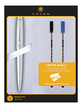Cross® Bailey Ballpoint Pen, Medium Point, 0.7 mm, Chrome Barrel, Black Ink