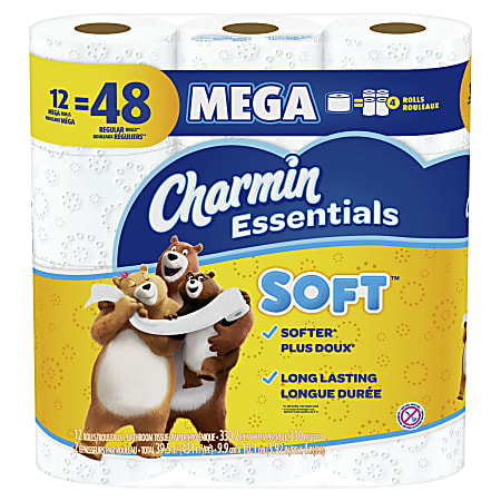 Charmin Essentials 2-Ply Soft Mega Toilet Paper Rolls, 15” x 5-1/4”, White, 330 Sheets Per Roll, Pack Of 12 Rolls
