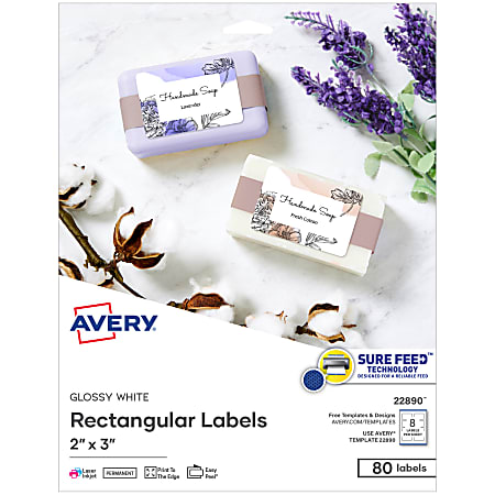 Avery® Print-to-the-Edge Labels, 22890, 2" x 3", Glossy White, 8 Labels Per Sheet, Pack Of 10 Sheets