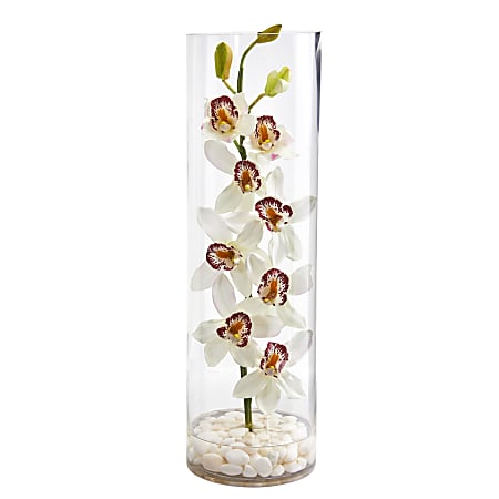 Nearly Natural Cymbidium Orchid 20”H Artificial Floral Arrangement With Tall Cylinder Vase, 20”H x 6”W x 6”D, White