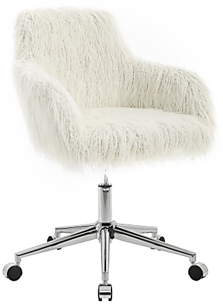 Linon Aria Faux Fur Mid-Back Home Office Chair, White/Chrome