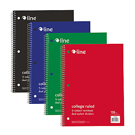 C-Line College Rule Spiral Notebooks, 9” x 11”, 3 Subject, 120 Sheets, Assorted Colors, Pack Of 12 Notebooks