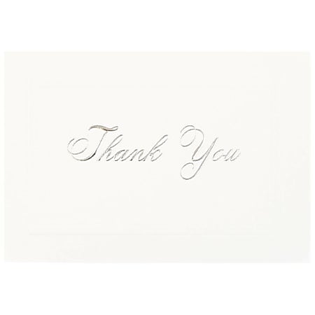 JAM Paper Thank You Card Sets, 4-7/8" x 3-3/8", White Cards With Silver Script And White Envelopes, Pack Of 25 Cards