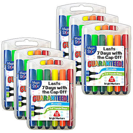 The Pencil Grip Magic Stix Triangular Markers, Bullet Point, Assorted Colors, 12 Markers Per Pack, Set Of 6 Packs