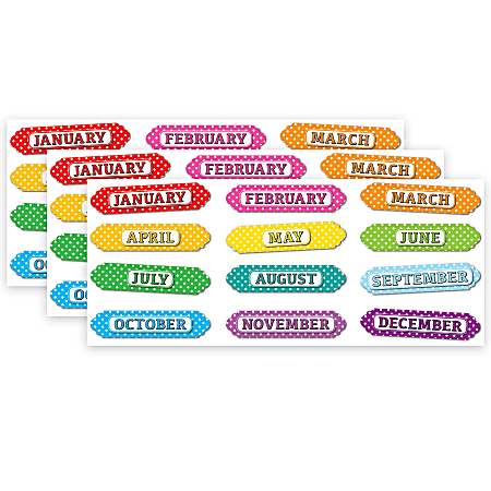 Ashley Productions Magnetic Die-Cut Timesavers & Labels, Months Of The Year, White Polka Dots/Assorted Colors, 12 Pieces Per Pack, Set Of 3 Packs