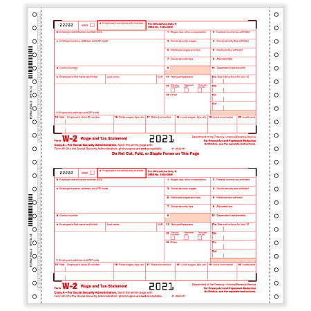 ComplyRight™ W-2 Tax Forms, 3-Part, Twin-Set, 2-Up, Employer’s Copies A, 1/D, 1-Wide, Continuous, 9” x 11”, White, Pack Of 100 Forms