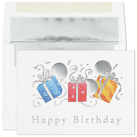 Custom Embellished Birthday Greeting Cards With Blank Foil-Lined Envelopes, 7-7/8" x 5-5/8", Packages & Balloons, Box Of 25 Cards