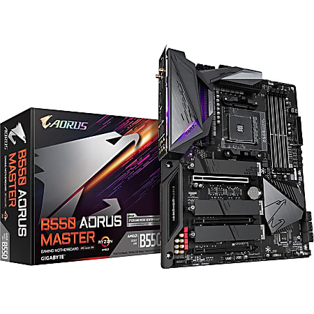 Aorus Ultra Durable B550 AORUS MASTER Desktop Motherboard - AMD B550 Chipset - Socket AM4 - ATX - 128 GB DDR4 SDRAM Maximum RAM - DIMM, UDIMM - 4 x Memory Slots - IEEE 802.11 a/b/g/n/ac/ax - HDMI - 6 x SATA Interfaces