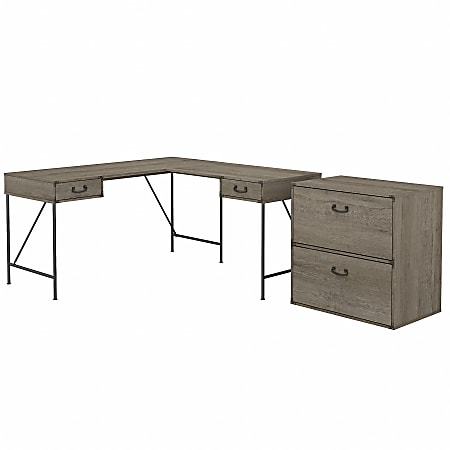 kathy ireland Home by Bush Furniture Ironworks 60"W L-Shaped Writing Desk With 2-Drawer Lateral File Cabinet, Restored Gray, Standard Delivery