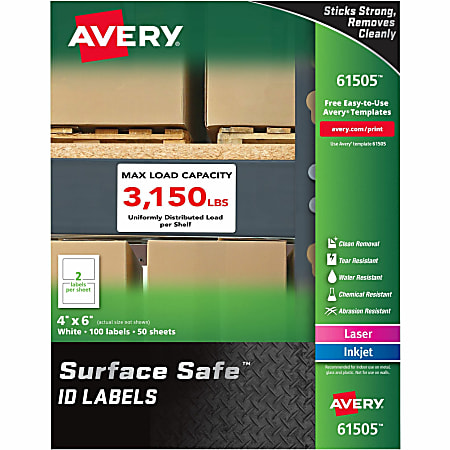 Avery® Surface Safe ID Labels - Removable Adhesive - 4" Width x 6" Length - Rectangle - Laser, Inkjet - White - Polyester - 2 / Sheet - 50 Total Sheets - 100 / Pack