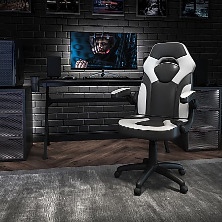 Flash Furniture X10 Ergonomic LeatherSoft High-Back Racing Gaming Chair With Flip-Up Arms, White/Black