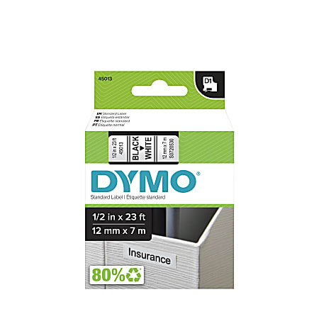 DYMO® D1 Self-Adhesive Labeling Tape For LabelManager/LabelWriter Duo, 1/2" x 23', Black Ink/White Tape, Pack Of 4