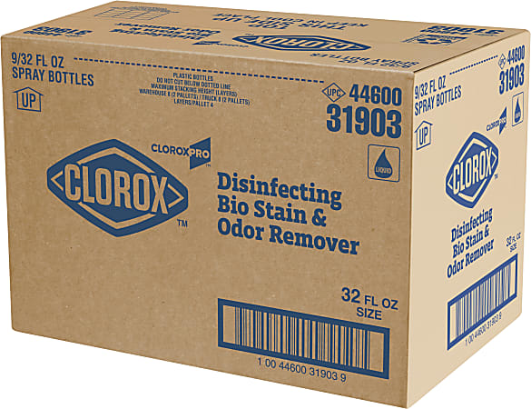 CloroxPro Disinfecting Bio Stain & Odor Remover Spray - Ready-To-Use - 32 fl oz (1 quart) - 9 / Carton - Deodorize, Bleach-free, Disinfectant, Antibacterial - Translucent