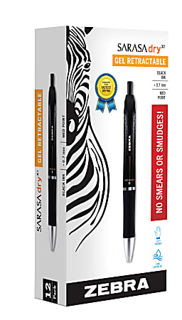 Zebra® Pen SARASA® Dry X1 Retractable Gel Pens, Pack Of 12, Medium Point, 0.7 mm, Black Barrel, Black Ink