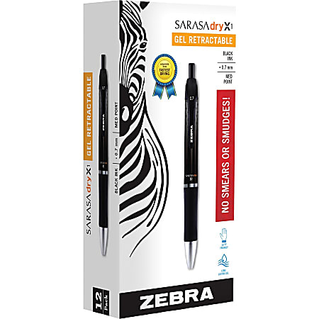 Zebra Sarasa Dry X1 Retractable Gel Pens Medium Point 0.7 mm Black Barrel  Black Ink Pack Of 12 Pens - Office Depot