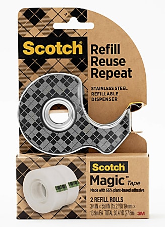 Scotch Stainless Steel Dispenser Starter Pack with Magic Tape , 0.75 in x 550 in, 2 Roll/Pack